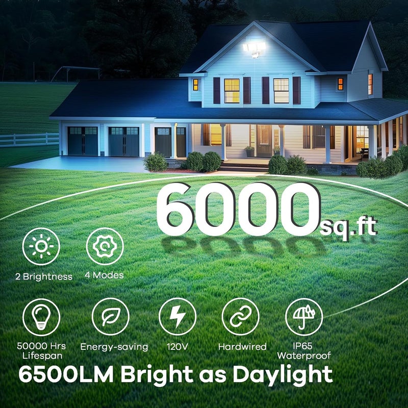 OREiN Motion Sensor Outdoor Flood Light 42W 6500LM, Super Bright LED Security Light, Dusk to Dawn/Auto/Manual Modes, IP65 Waterproof Hardwired Floodlight for Yard, Garage, Porch, Driveway - Image 2